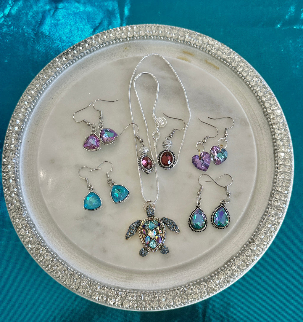 Rhinestone Sea Turtle Pendent Necklace & Choice of 5 Pairs of Earrings