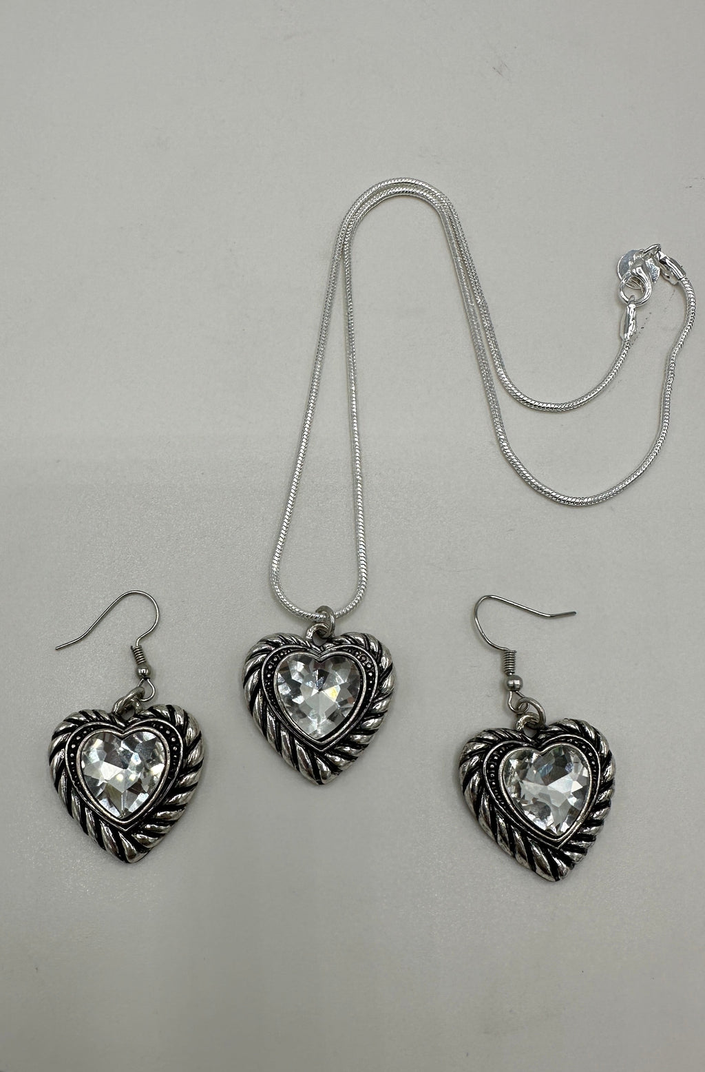 Silver Rhinestone Heart Pendents w/ Matching Earrings