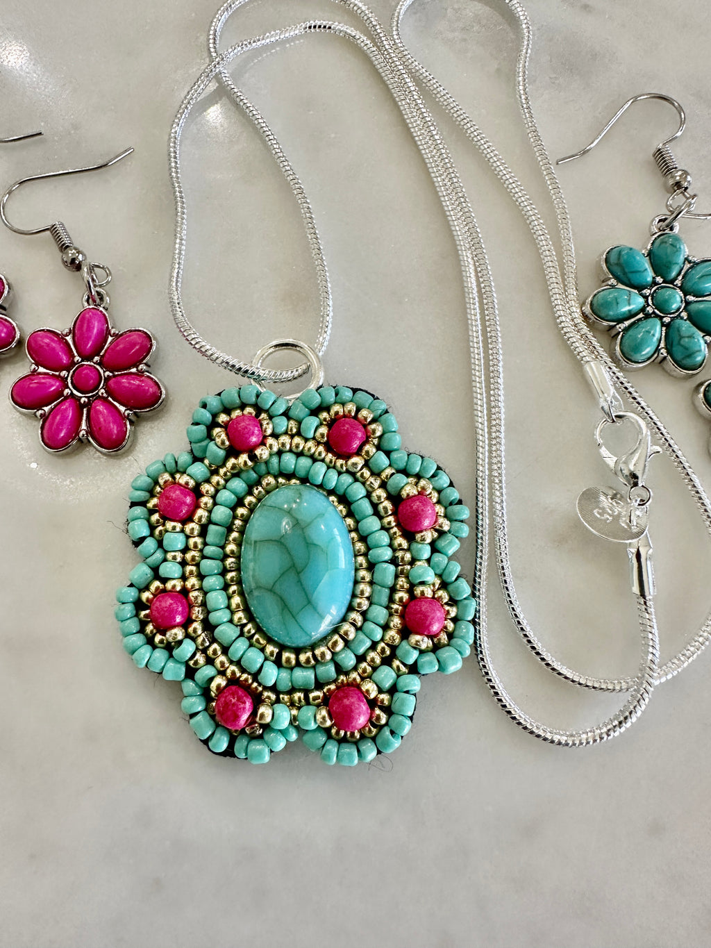 Beaded Medallion Pendent Necklace & Two Daisy Earring Choices