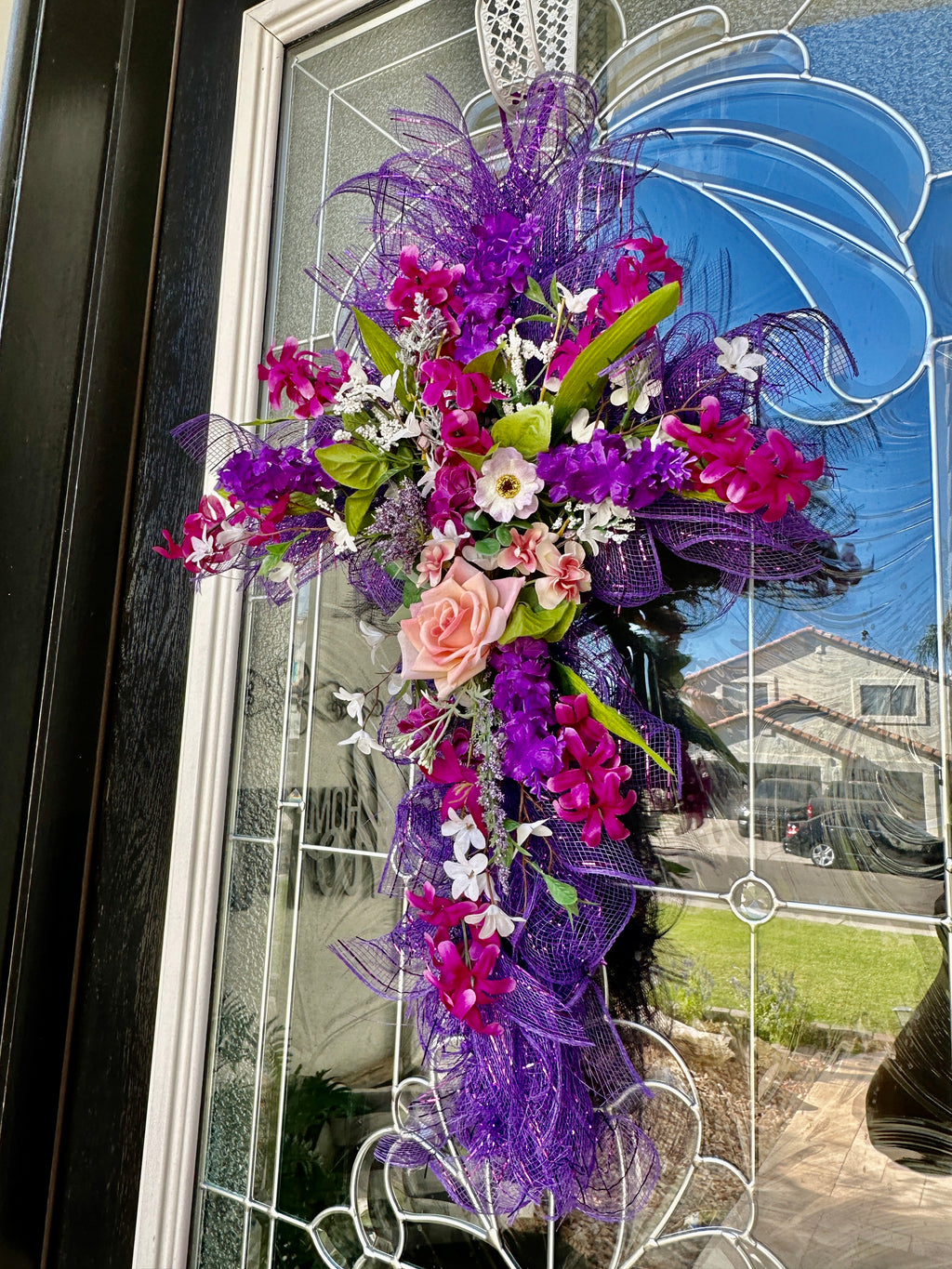 Deep Purple Floral Cross Wreath