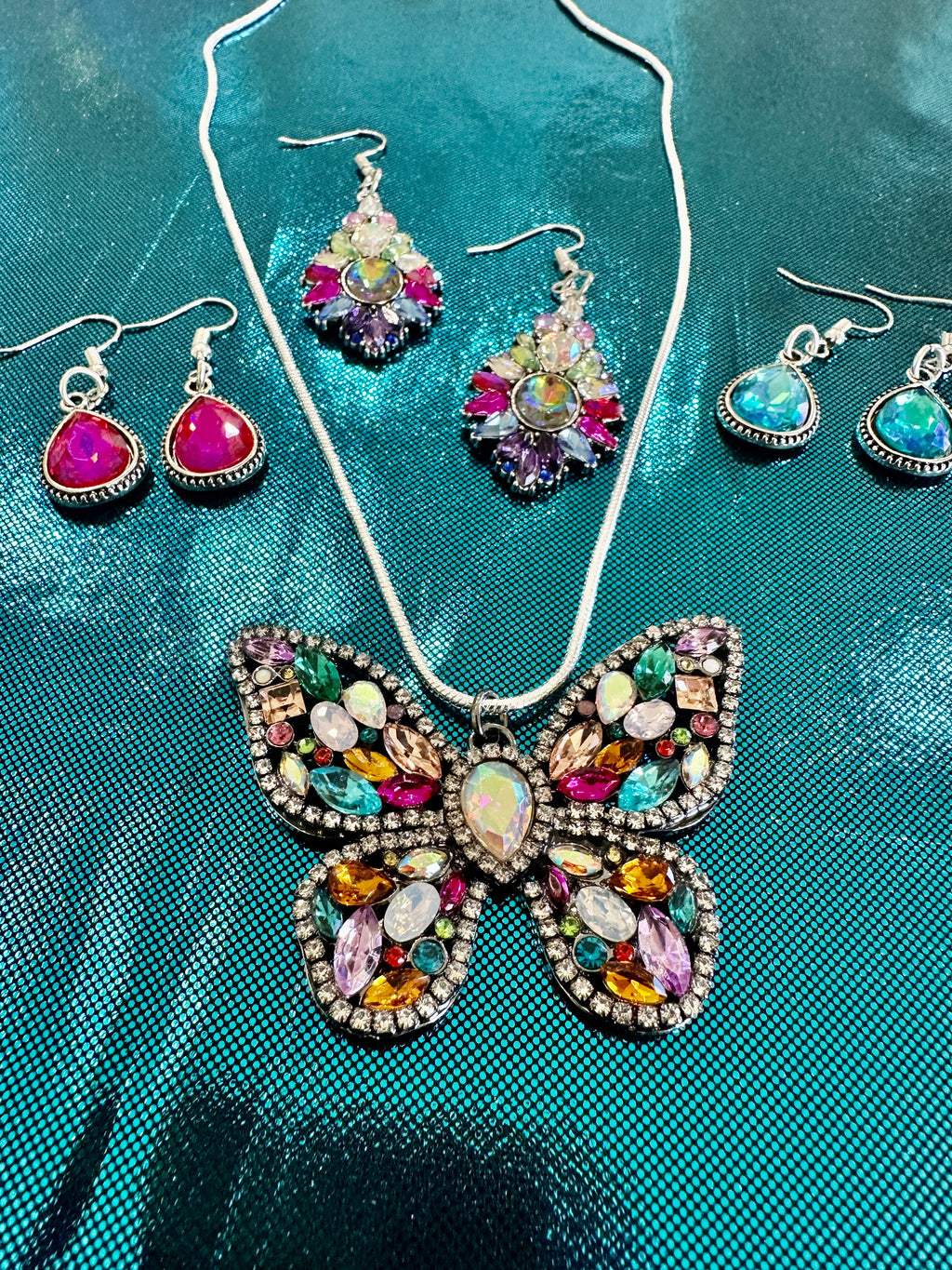 Rhinestone Butterfly Pendent Necklace & Three Earring Selections