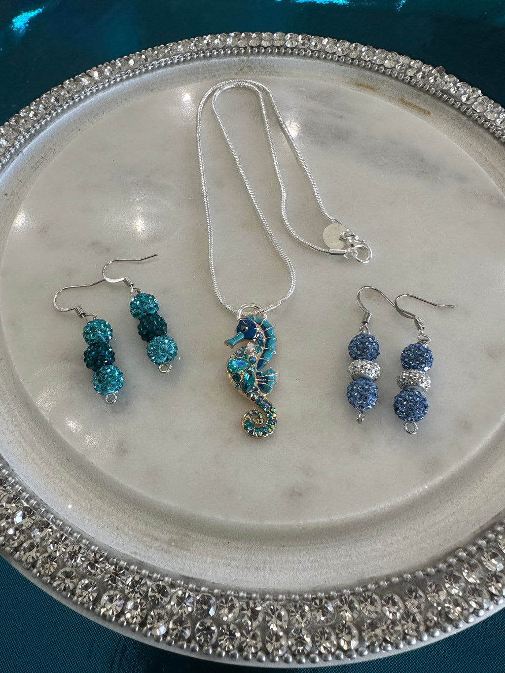 Rhinestone Seahorse Pendent w/ Two Beaded Earring Choices