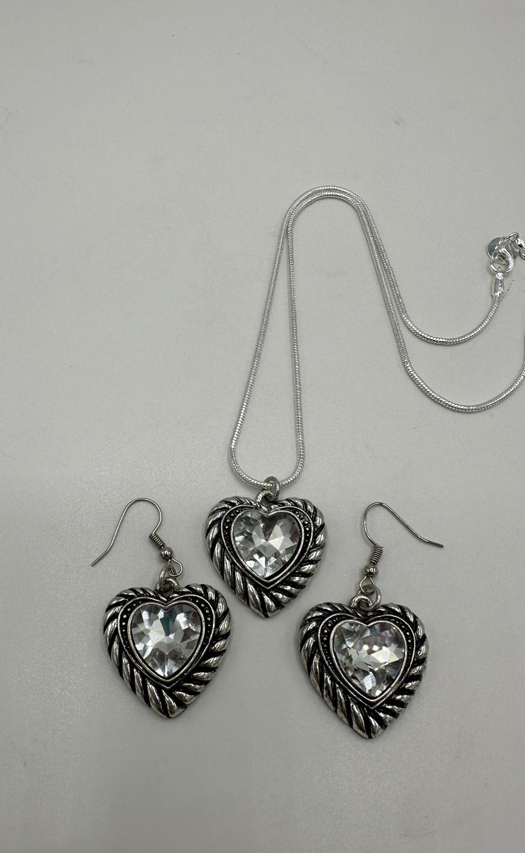 Silver Rhinestone Heart Pendents w/ Matching Earrings