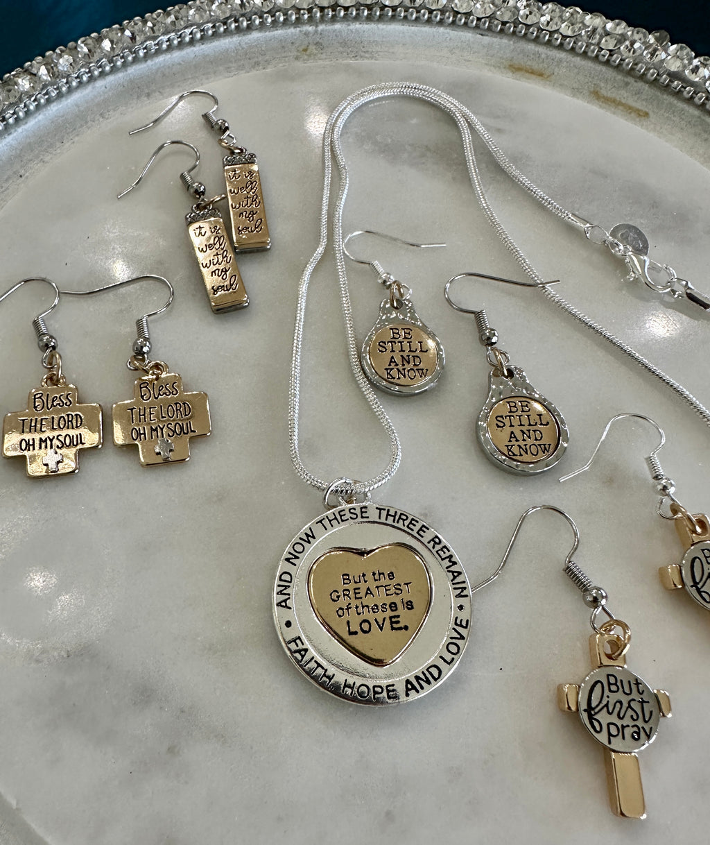 1 Corinthians 13:13 Silver & Gold Pendent & a Choice of 4 Earring Selections