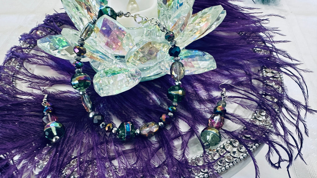 Northern Lights/Mermaid Hand Beaded Bracelet & Earrings