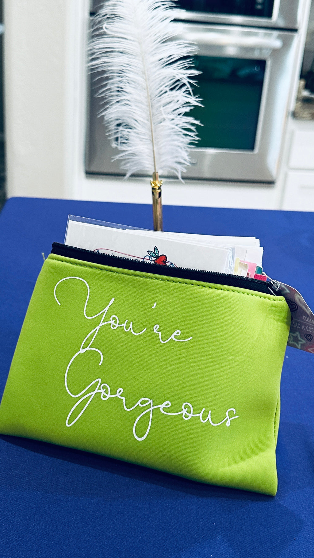 Lime Green "You're Gorgeous" Makeup Bag filled w/ Handmade Cards