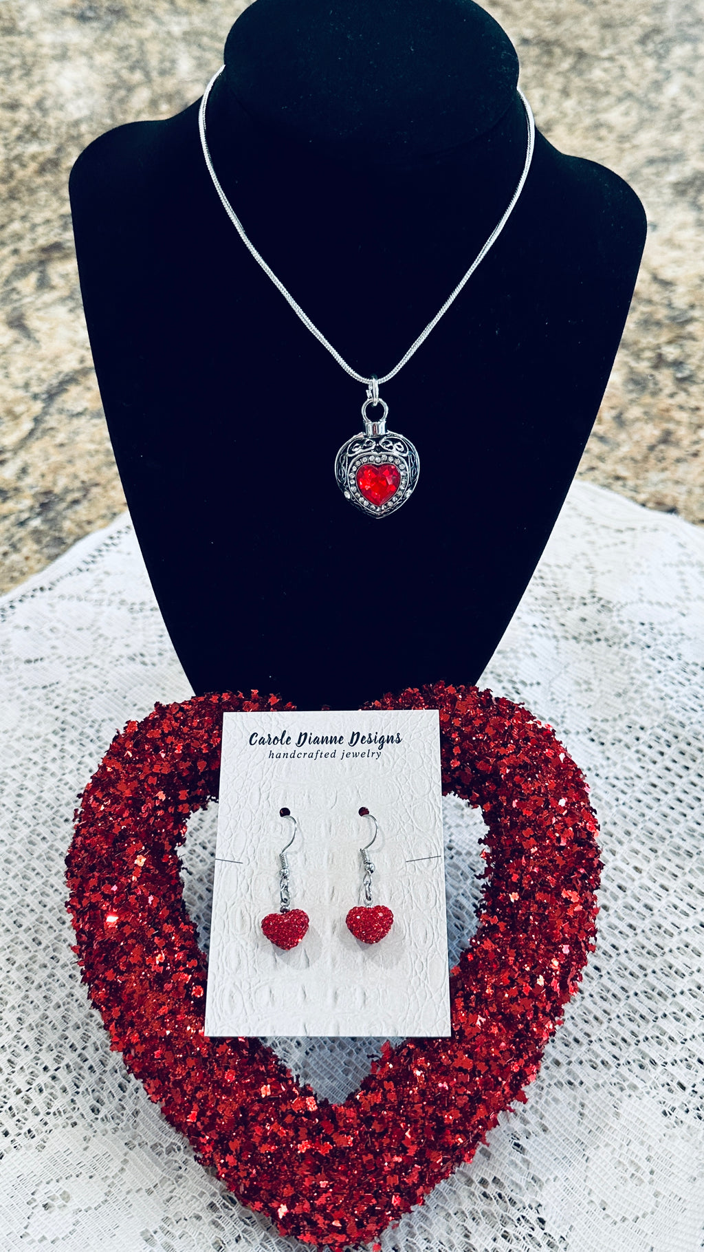 Silver & Red Rhinestone Locket Like Medallion Pendent Necklace w/ Dainty Red Rhinestone Heart Earrings