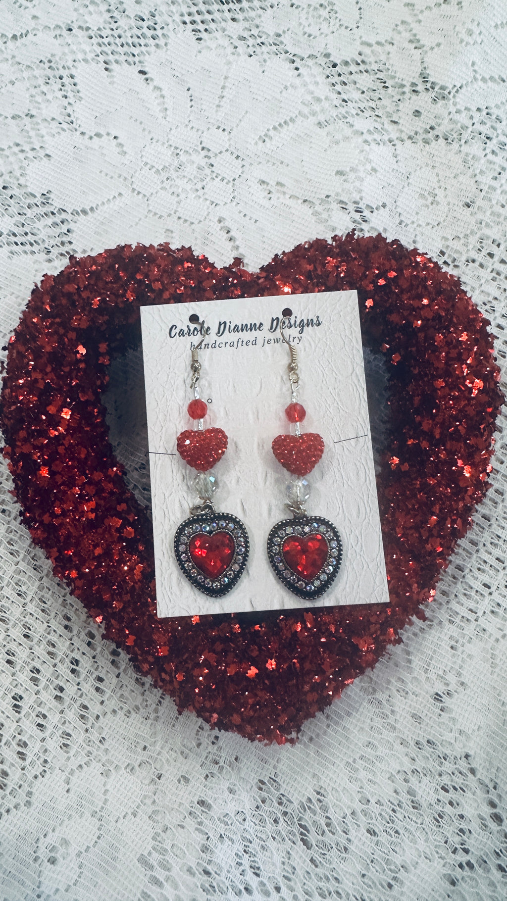 Dangly Red Heart Beaded Earrings w/ Gold Rhinestone Heart Medallions