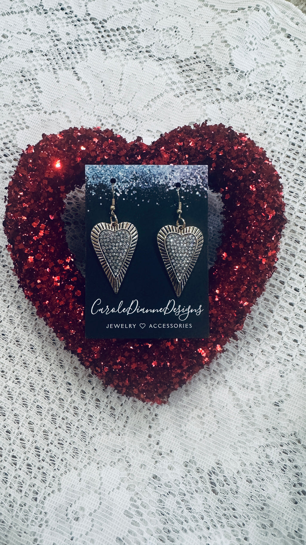 Oblong Rhinestone Heart Earrings Framed in Gold