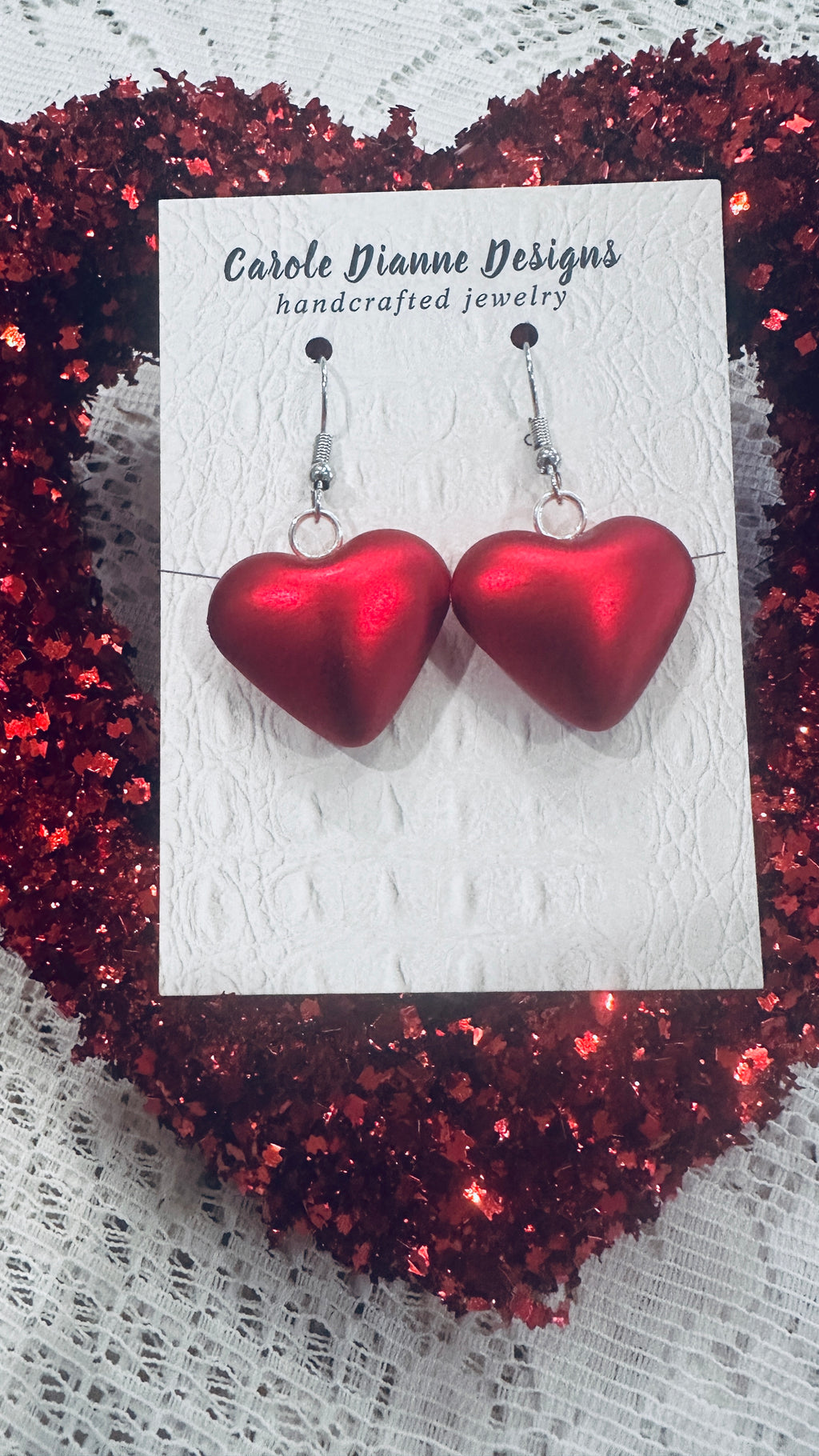 Muted Red Heart Earrings w/ Silver Hypoallergenic Wires
