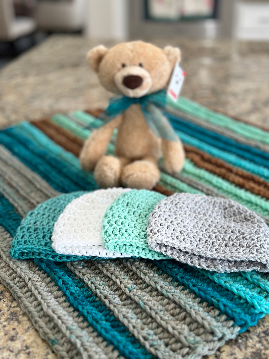 Turquoise, Mint Green, Brown & Gray Baby Afghan,
