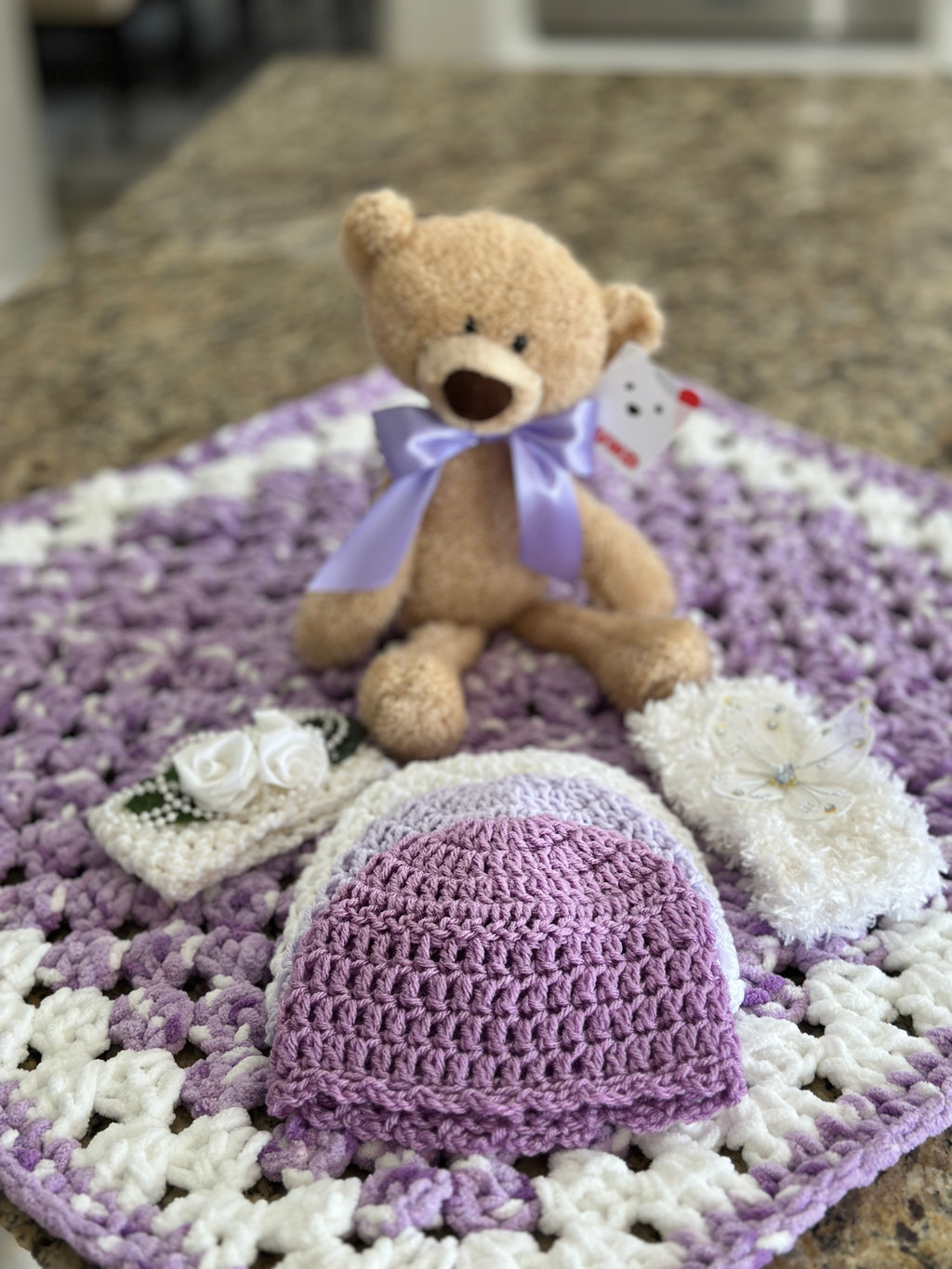 Lavender & White Bernat Baby Soft Yarn Afghan, Beanie, Headbands & Teddy Bear Set