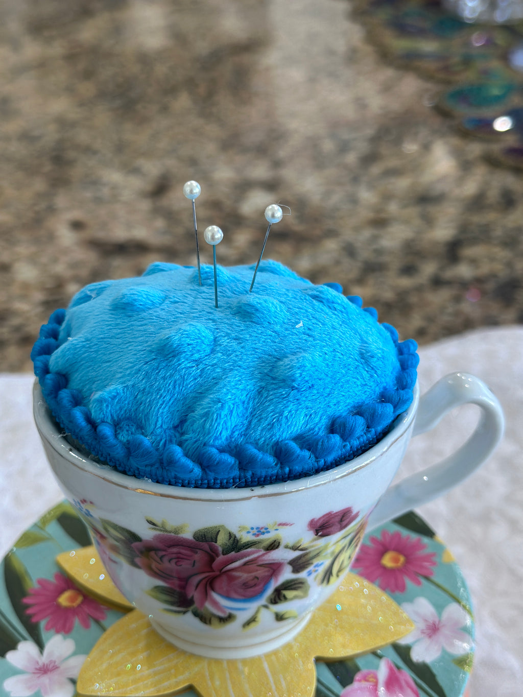 Blue Vintage Teacup Pin Cushion
