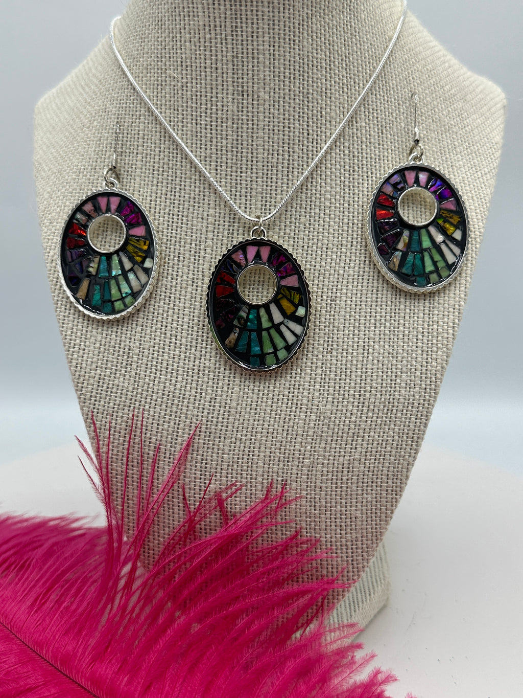 Multi-Colored Pendent on Silver Snake Chain w/ Matching Earrings