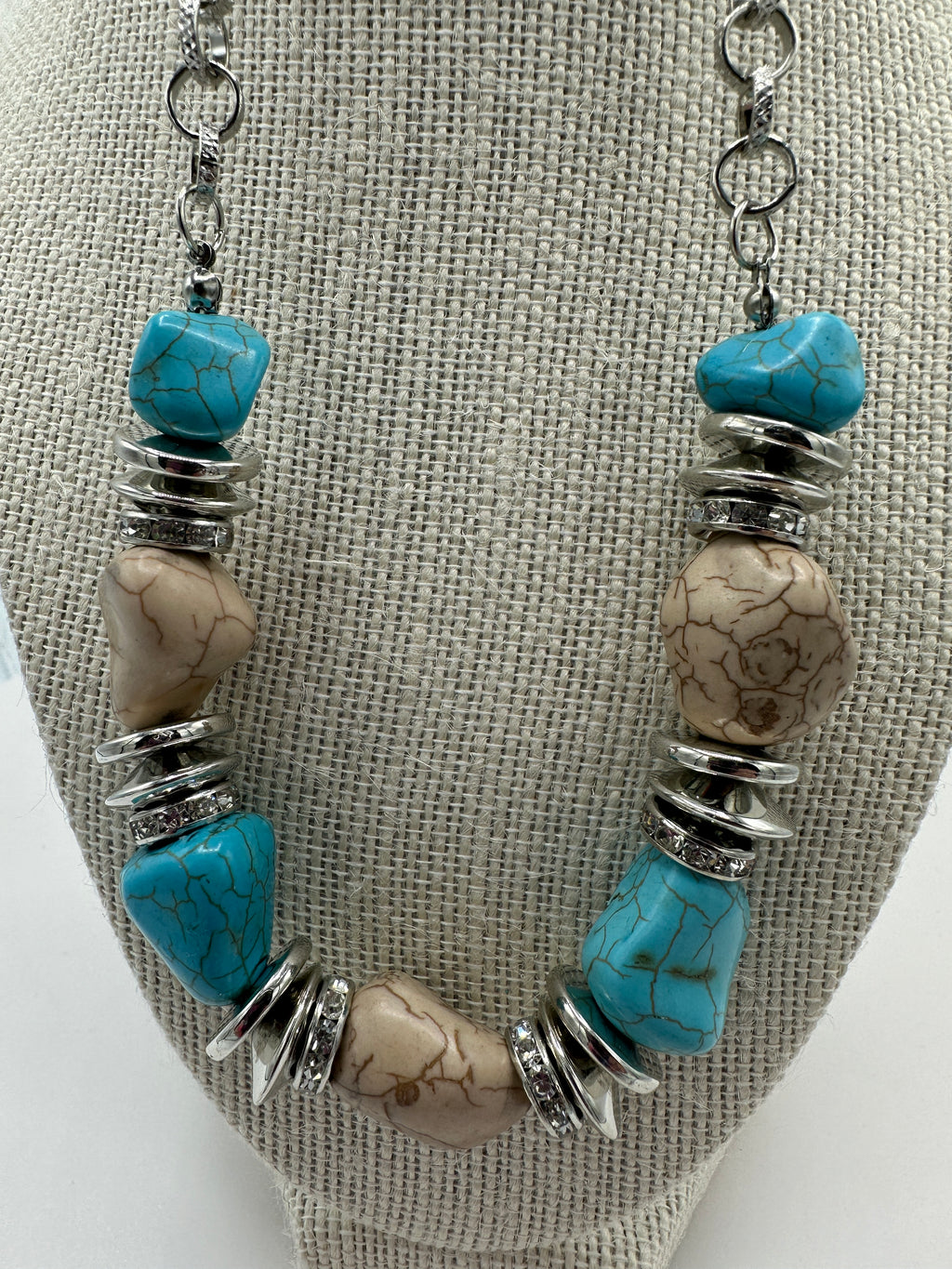 Turquoise, Beige & Silver Beaded Necklace Set w/ Matching Earrings