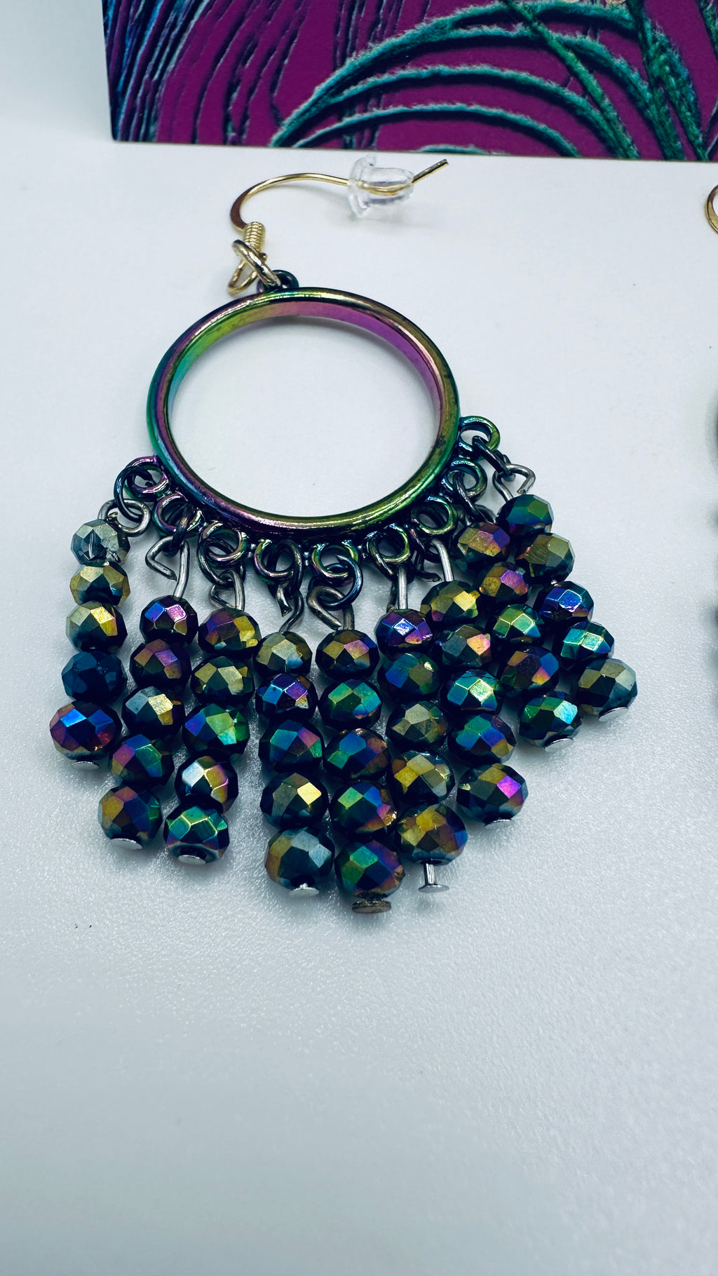 Hand Beaded Peacock Color Earrings on Metallic Hoops