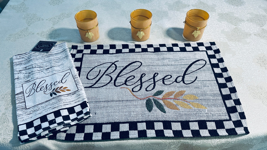 Buffalo Plaid "Blessed" Placemat Set w/ Matching Kitchen Towel