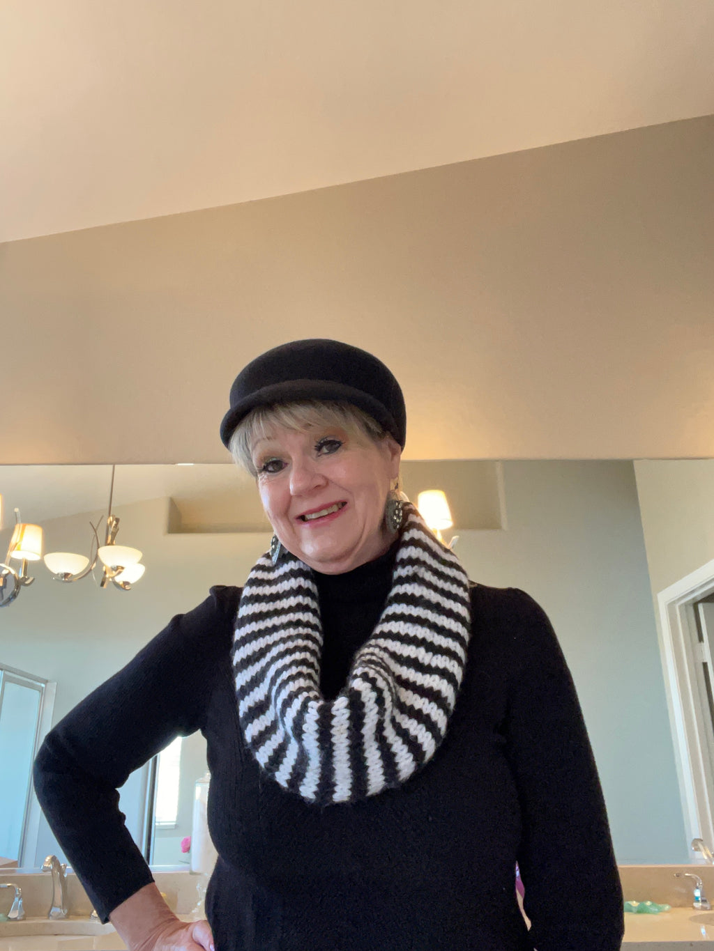 Black & White Striped Hand Knitted Infinity Scarf