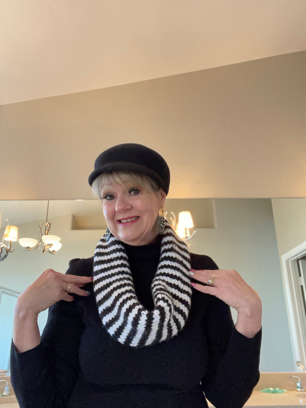 Black & White Striped Hand Knitted Infinity Scarf