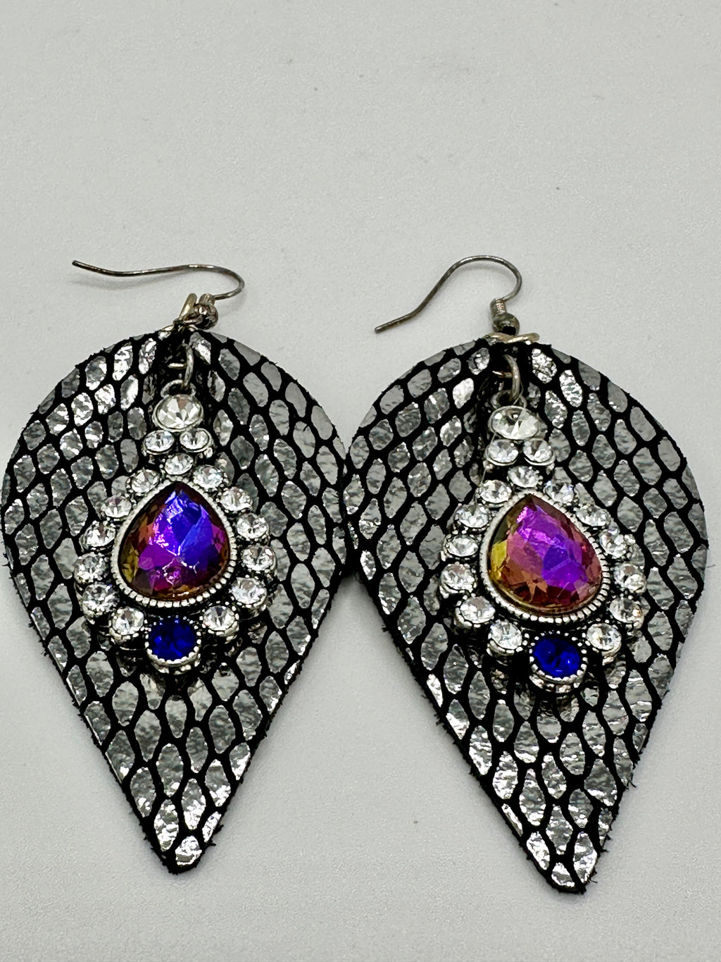 Black & Silver Leather Alligator Skin Earrings w/ Purple & Clear Rhinestones