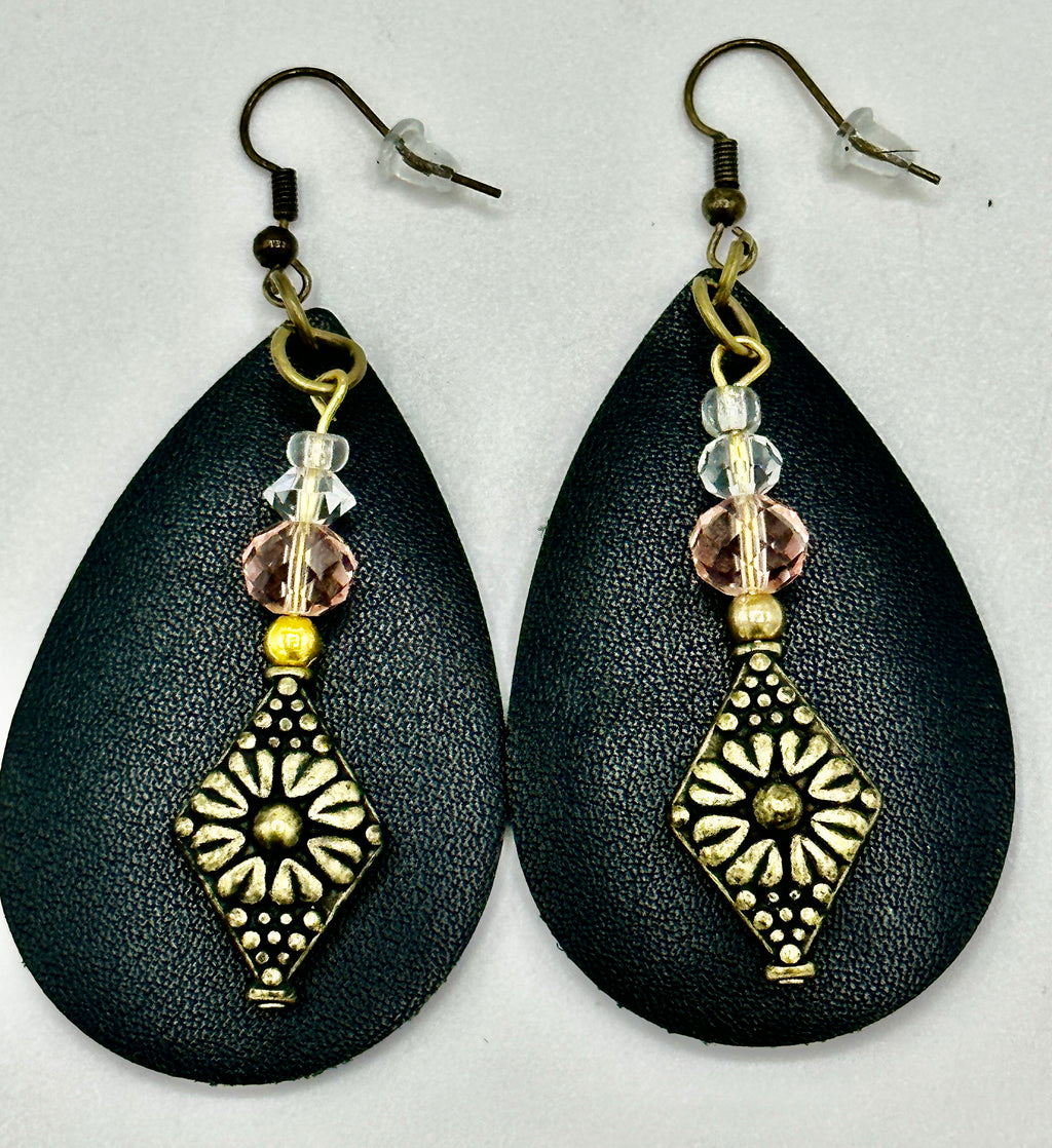 Black Leather Hypoallergenic Earrings w/Gold Medallions & Beads