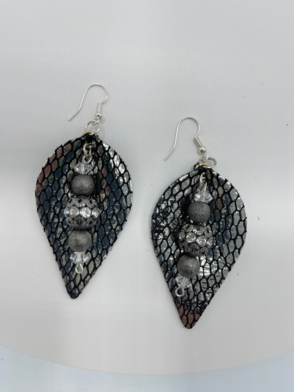 Black & Silver Leather Snake Skin Earrings w/ Silver & Gray Beading