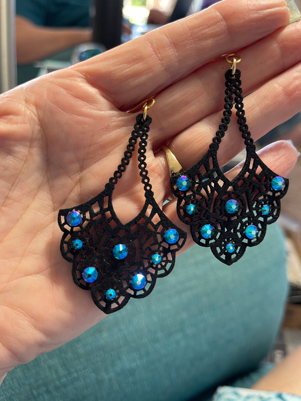 Black Scalloped Faux Leather Cut Out Earrings w/Turquoise Swarovski Crystals