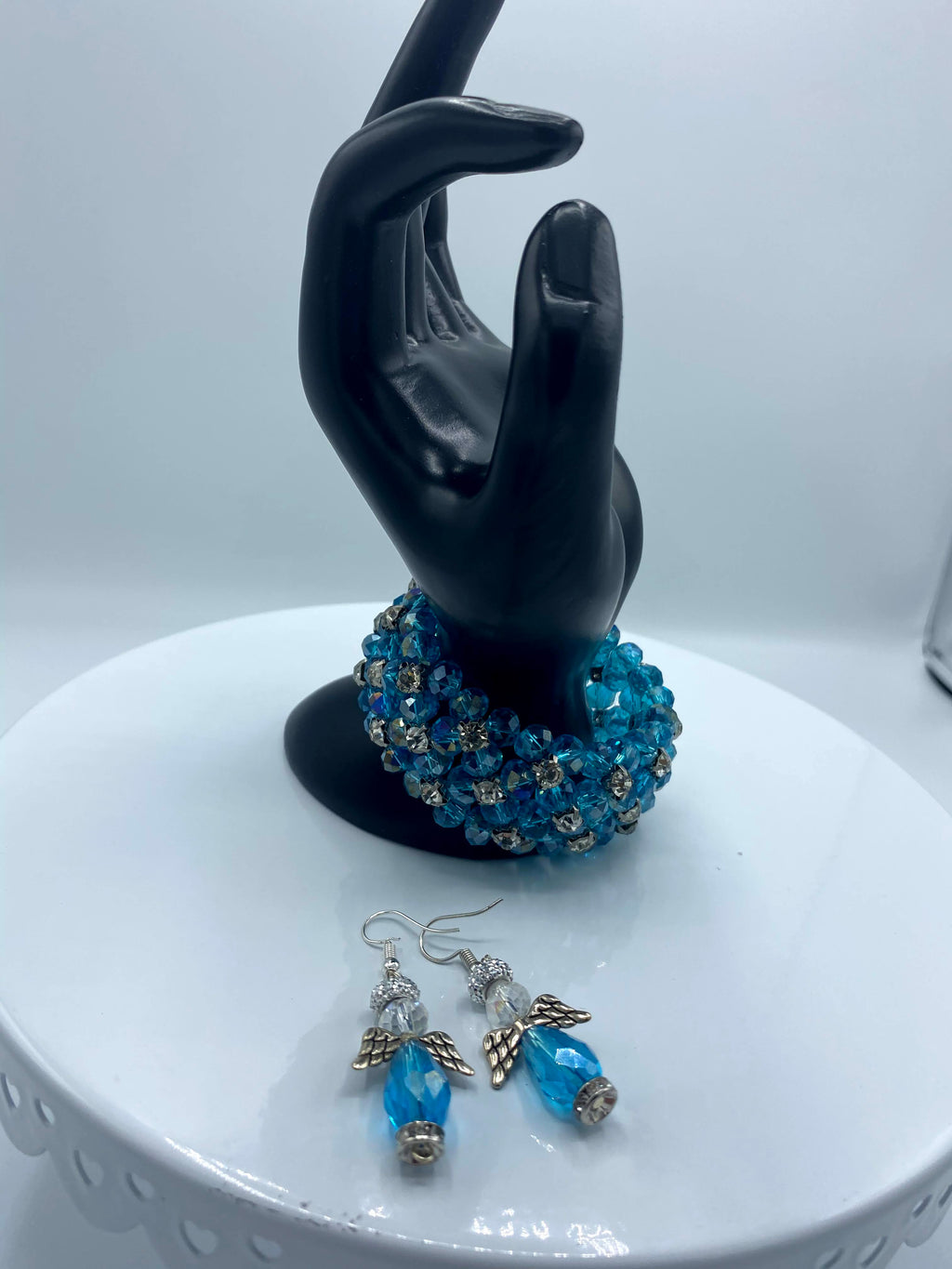Beaded Turquoise Rhinestone Bracelet w/ Matching Angel Earrings