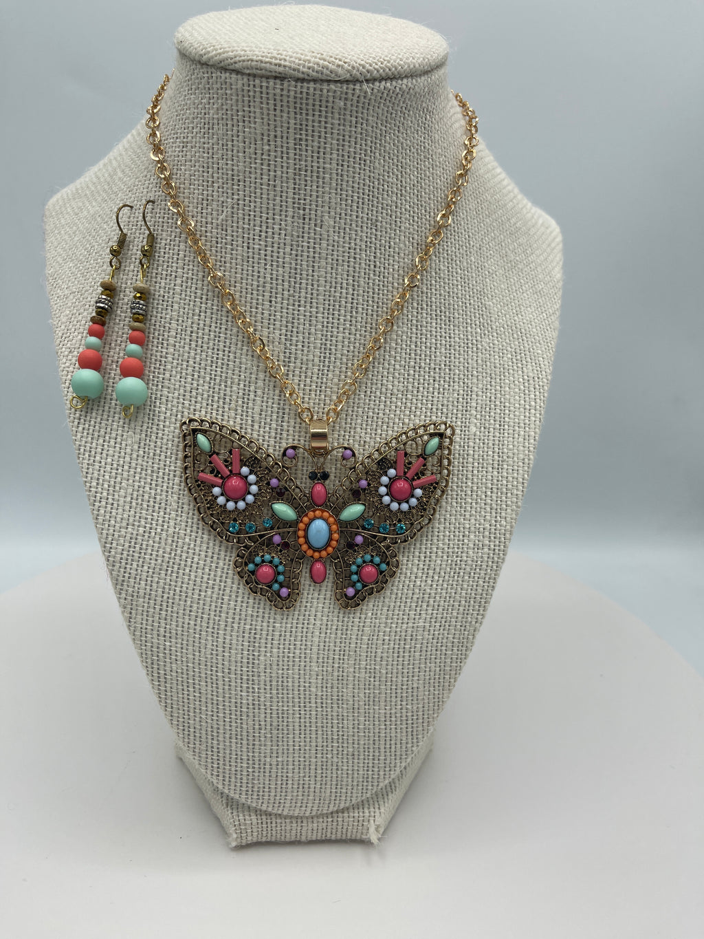 Beaded Butterfly Medallion Pendent Necklace on Gold Chain w/ Matching Beaded Earrings