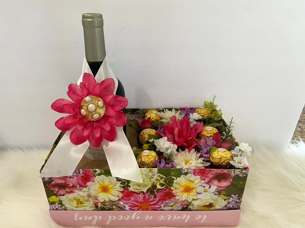 Floral Box Embellished w/2 Lg. Pink Flowers, White Daisies & Greenery...