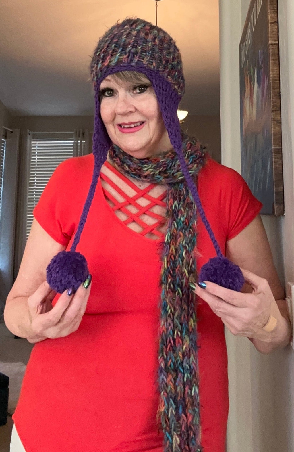 Multi-Colored Purple & Turquoise Hand Crocheted Ear Flap Hat w/ Pom Poms w/ Matching Scarf