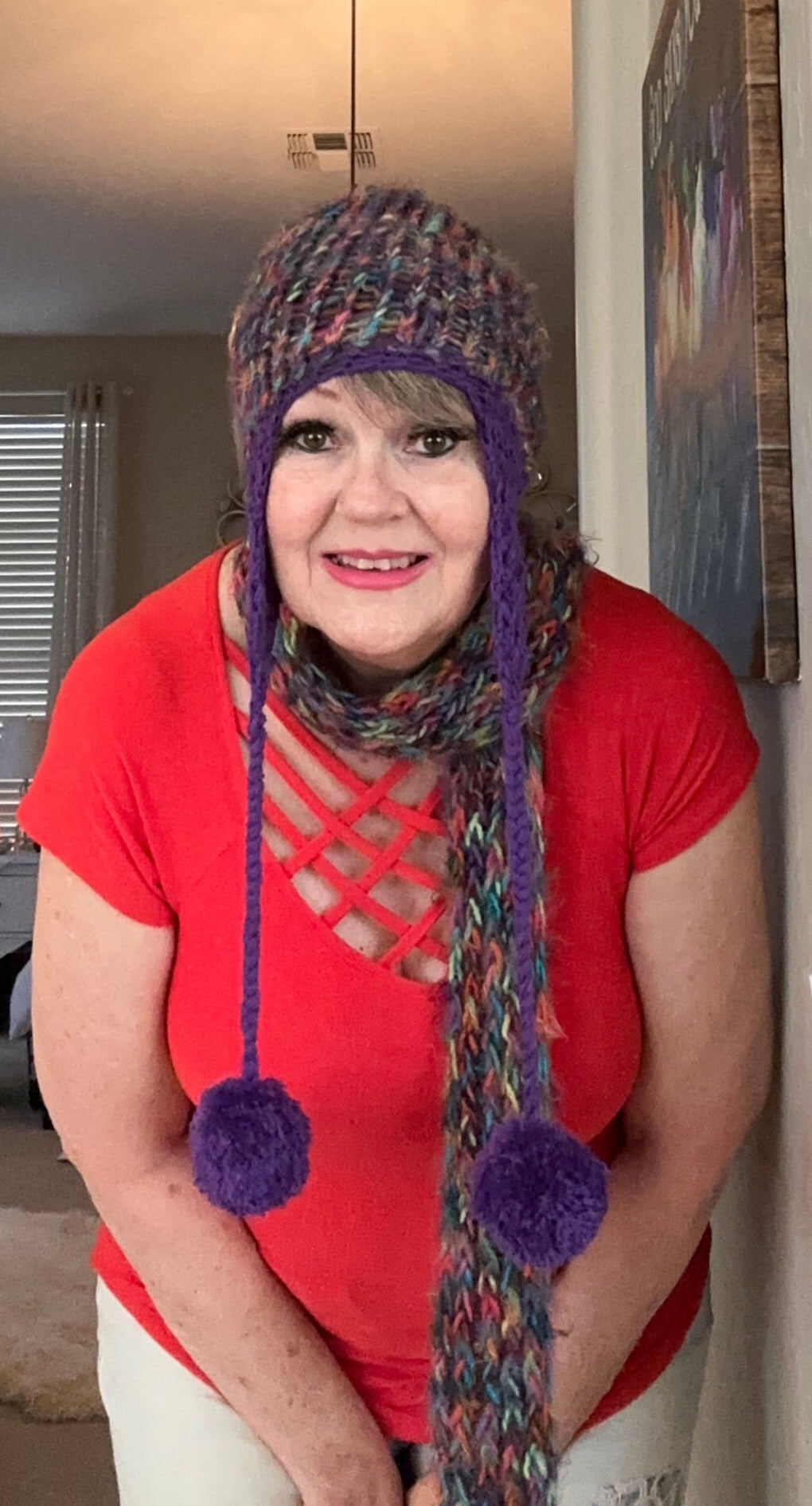 Multi-Colored Purple & Turquoise Hand Crocheted Ear Flap Hat w/ Pom Poms w/ Matching Scarf