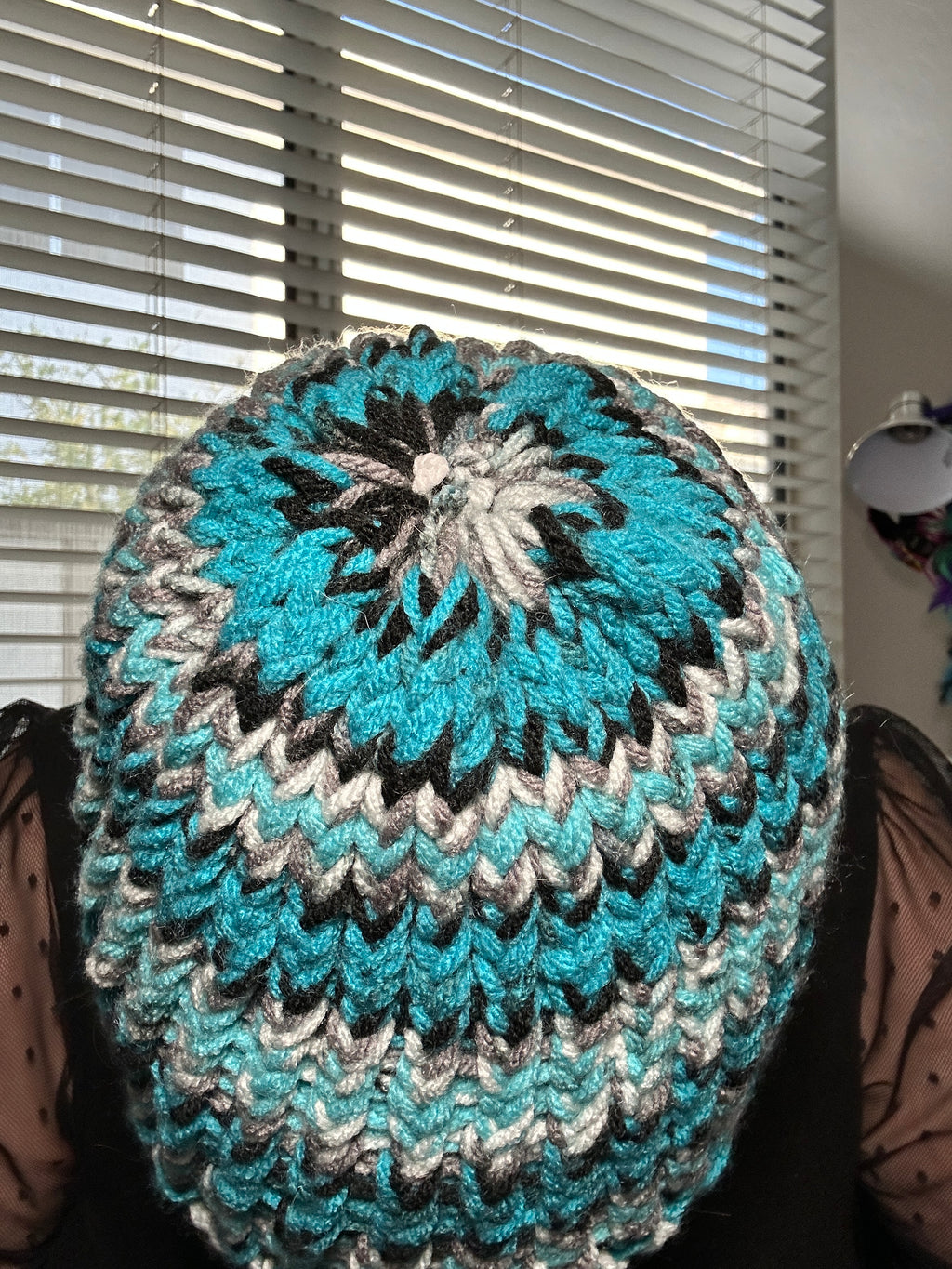 Hand Made Turquoise, Black & Gray Loom Designed Beanie