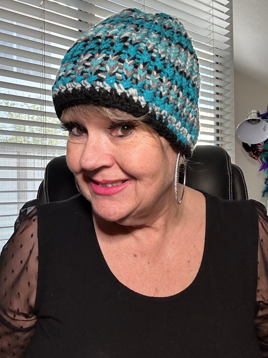 Hand Made Turquoise, Black & Gray Loom Designed Beanie