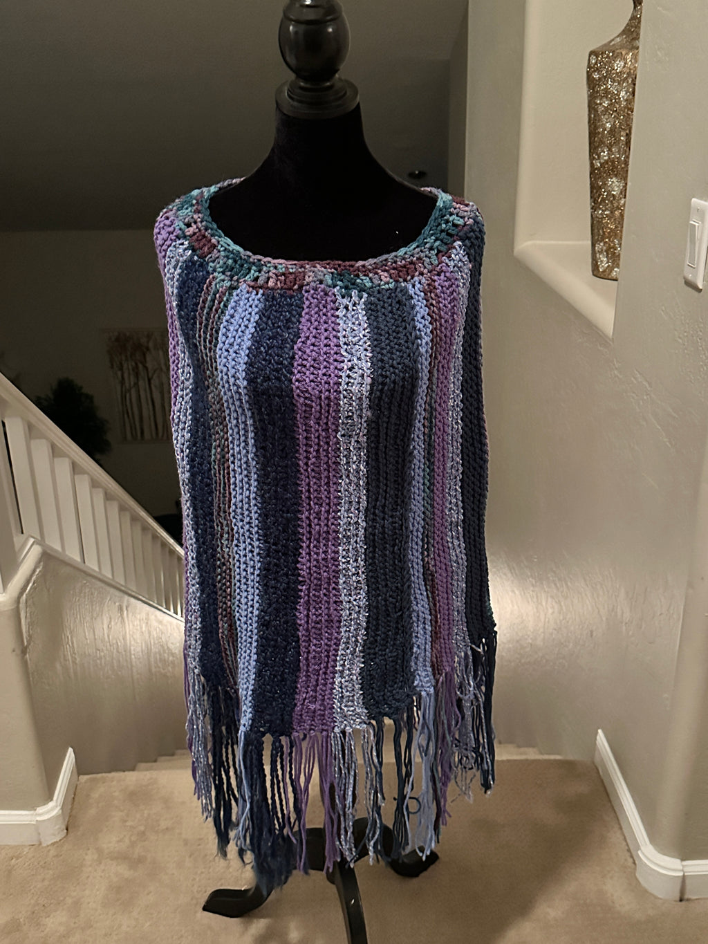 Multi-Colored Blue & Lavender Hand Knitted Poncho w/ Fringe