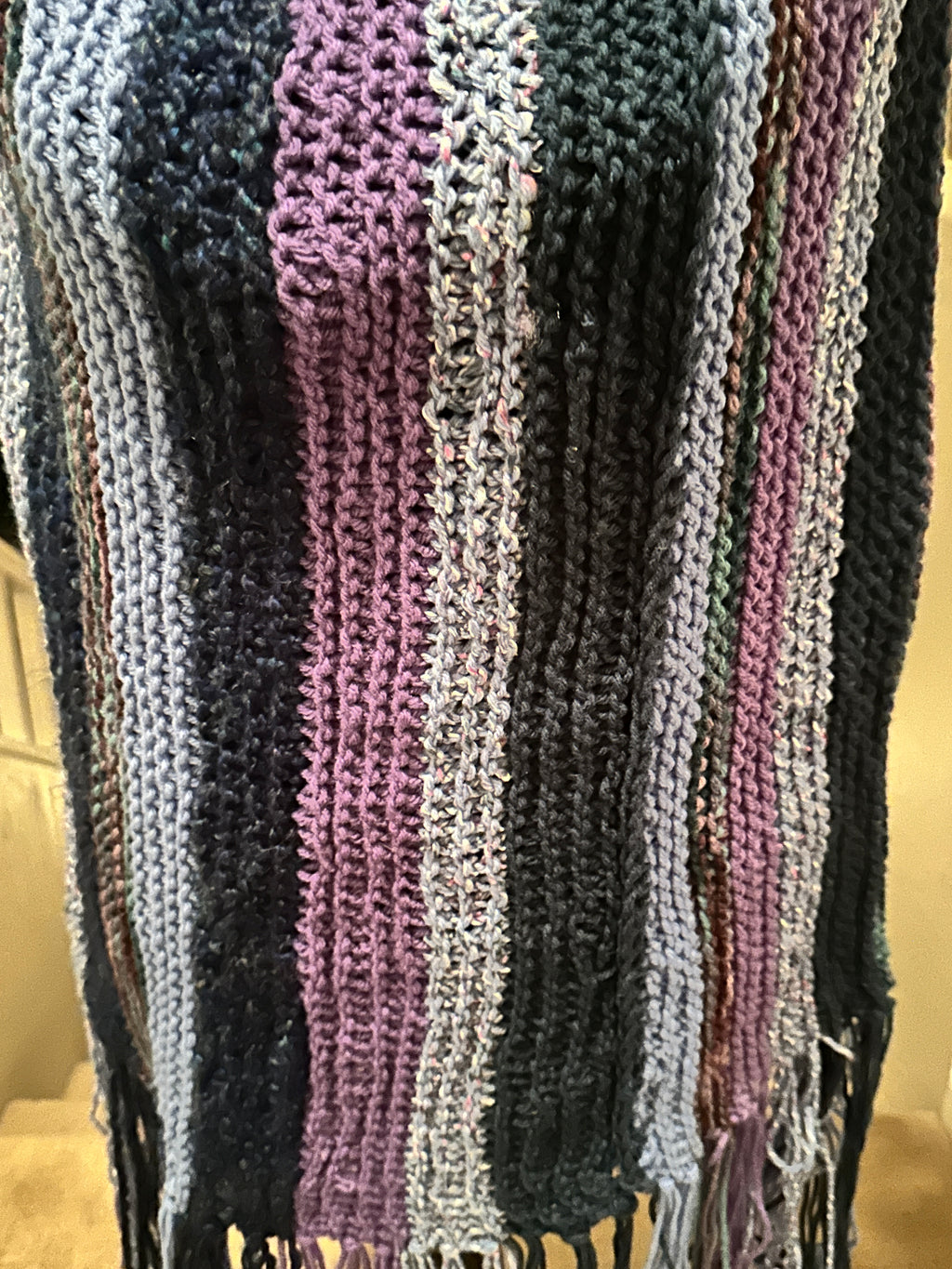 Multi-Colored Blue & Lavender Hand Knitted Poncho w/ Fringe