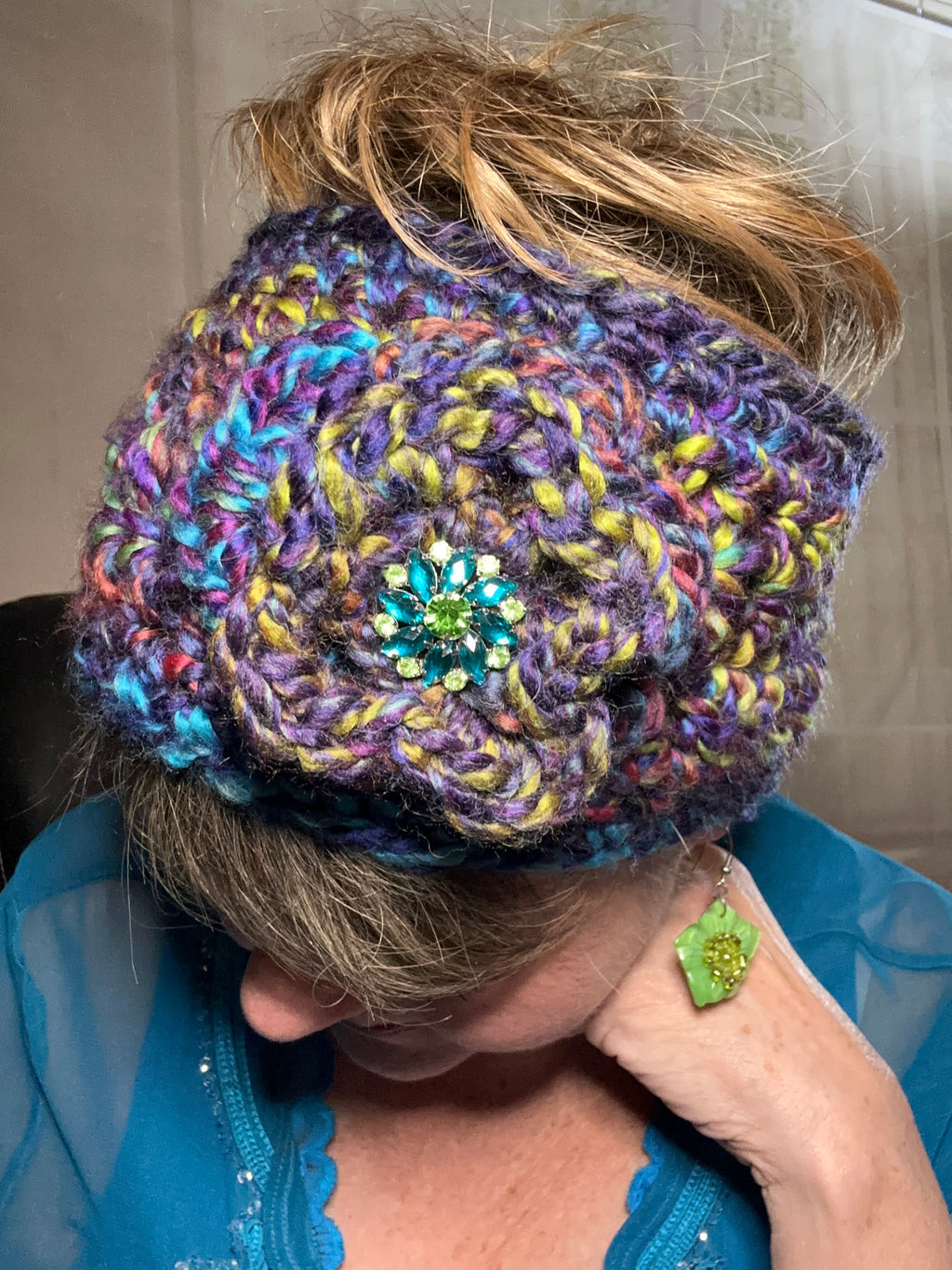 Hand Crocheted Headband w/ Rhinestone Embellishment
