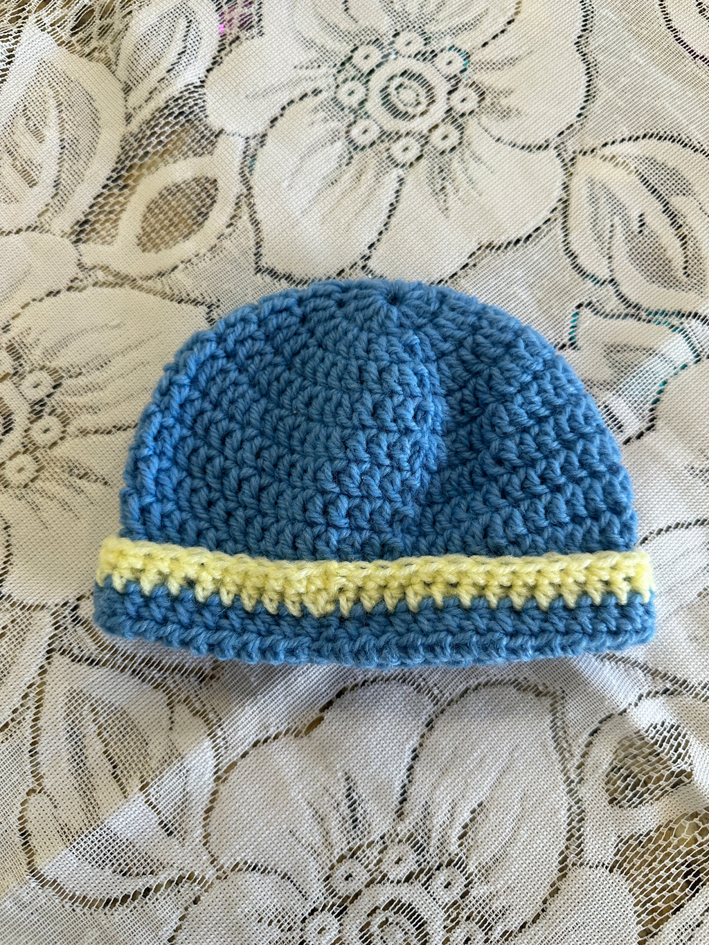 Blue Hand Crocheted Baby Beanie w/ Yellow Trim