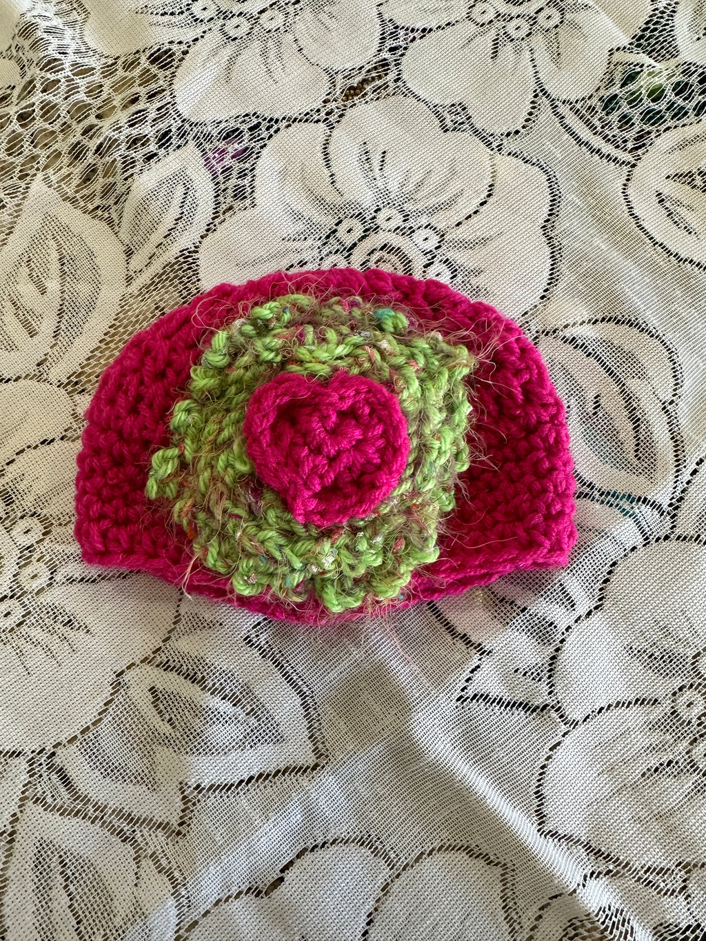 Hot Pink Baby Beanie w/ Layered Lime Green Rosette & Pink Heart