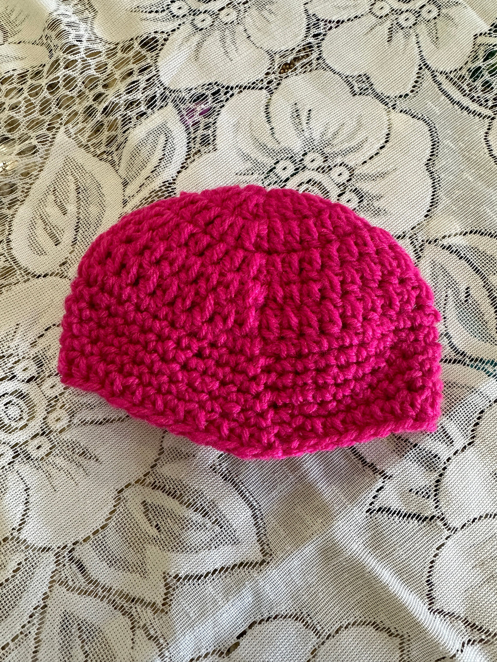 Hot Pink Baby Beanie w/ Layered Lime Green Rosette & Pink Heart