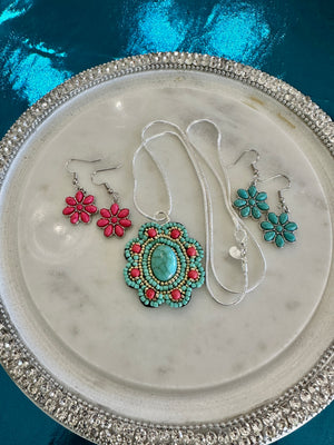 Beaded Medallion Pendent Necklace & Two Daisy Earring Choices