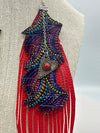 Red Leather Feather Earrings w/ Multi-Colored Purple Leather Embellishment