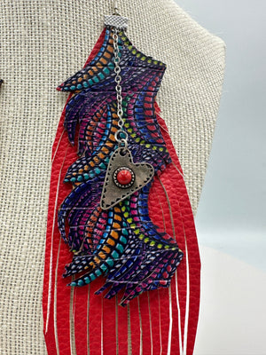 Red Leather Feather Earrings w/ Multi-Colored Purple Leather Embellishment