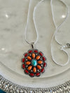 Silver Concho Pendent w/ Turquoise, Orange & Red & Silver Concho Earrings
