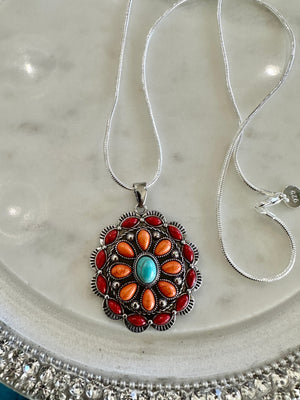 Silver Concho Pendent w/ Turquoise, Orange & Red & Silver Concho Earrings