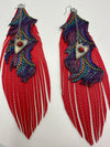 Red Leather Feather Earrings w/ Multi-Colored Purple Leather Embellishment