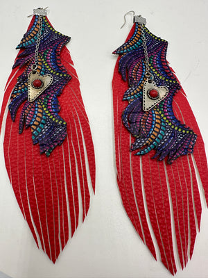 Red Leather Feather Earrings w/ Multi-Colored Purple Leather Embellishment