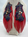Red Leather Feather Earrings w/ Multi-Colored Purple Leather Embellishment