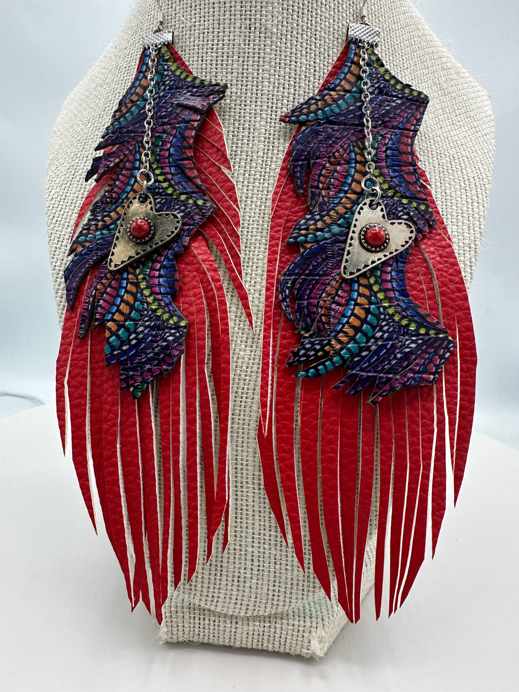 Red Leather Feather Earrings w/ Multi-Colored Purple Leather Embellishment