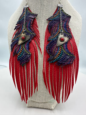 Red Leather Feather Earrings w/ Multi-Colored Purple Leather Embellishment